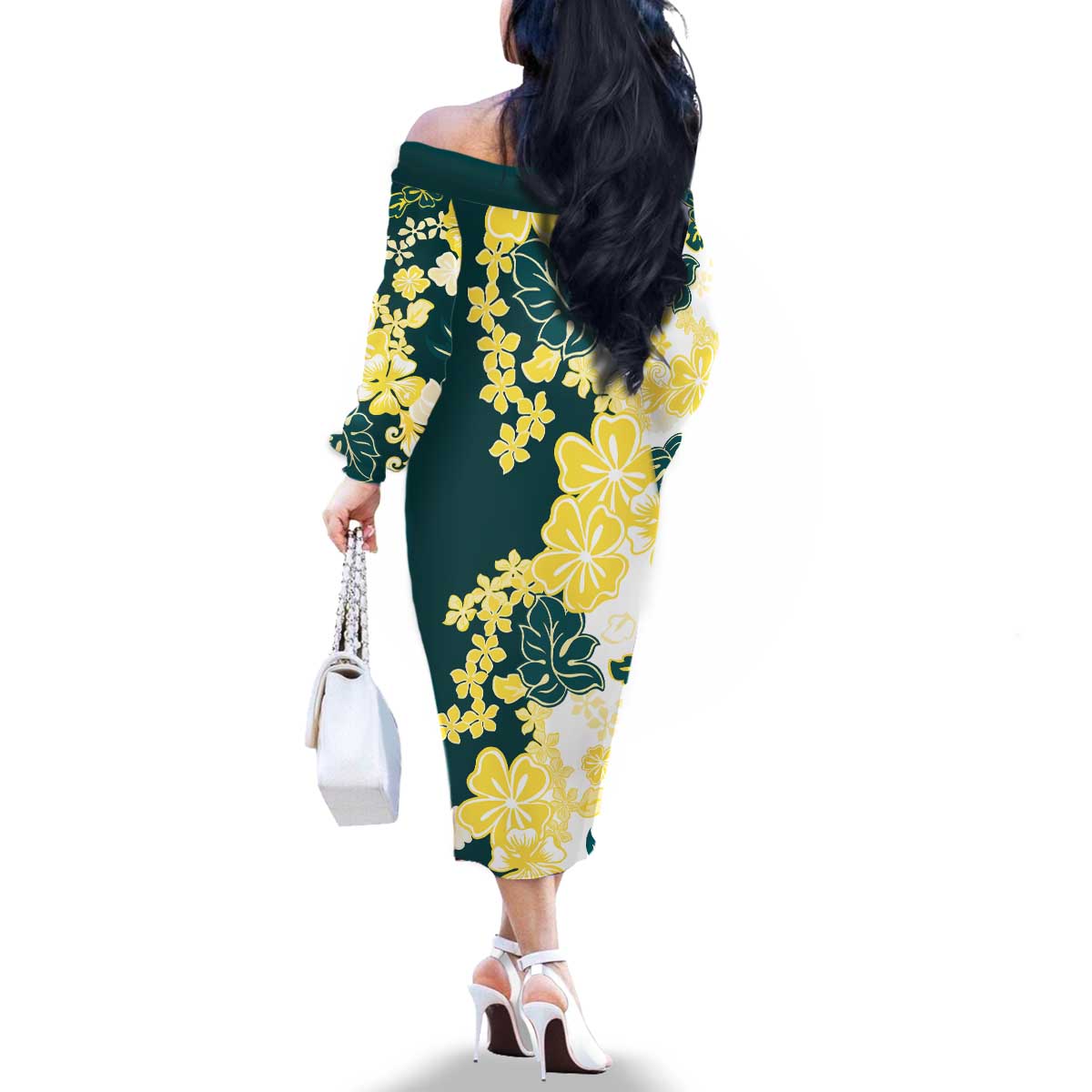 Yelow Teal Hibiscus Plumeria Floral Family Matching Off The Shoulder Long Sleeve Dress and Hawaiian Shirt - Polynesian Pride