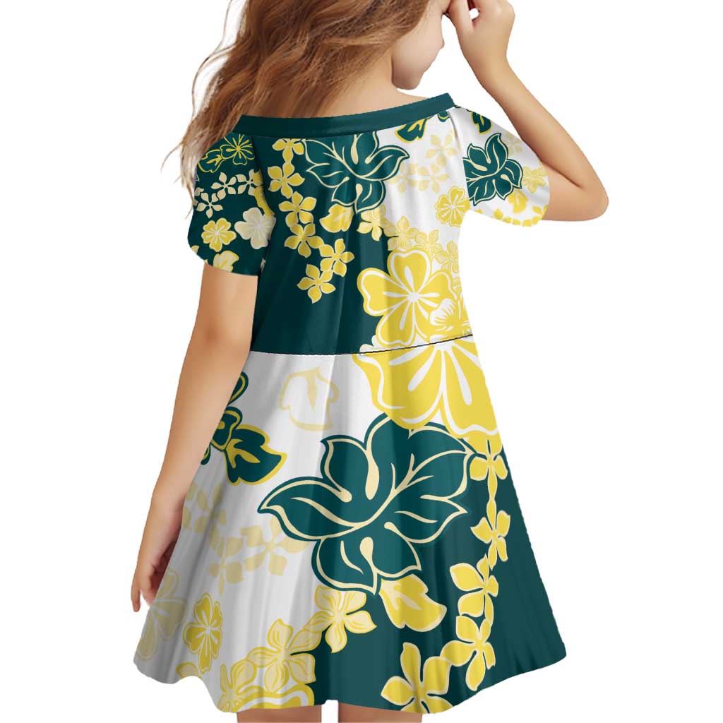 Yelow Teal Hibiscus Plumeria Floral Family Matching Off Shoulder Short Dress and Hawaiian Shirt - Polynesian Pride