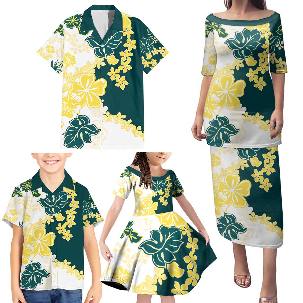 Yelow Teal Hibiscus Plumeria Floral Family Matching Puletasi and Hawaiian Shirt - Polynesian Pride