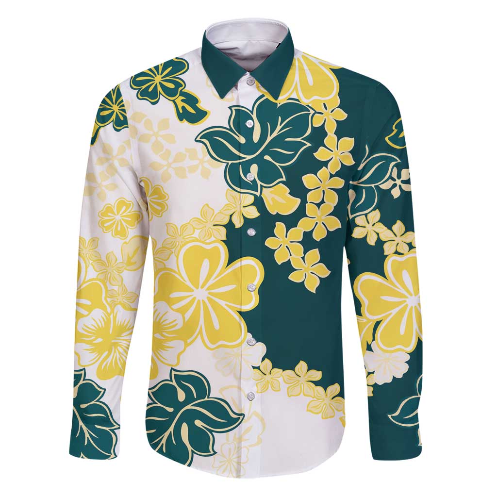 Yelow Teal Hibiscus Plumeria Floral Family Matching Puletasi and Hawaiian Shirt - Polynesian Pride