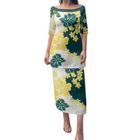 Yelow Teal Hibiscus Plumeria Floral Family Matching Puletasi and Hawaiian Shirt - Polynesian Pride