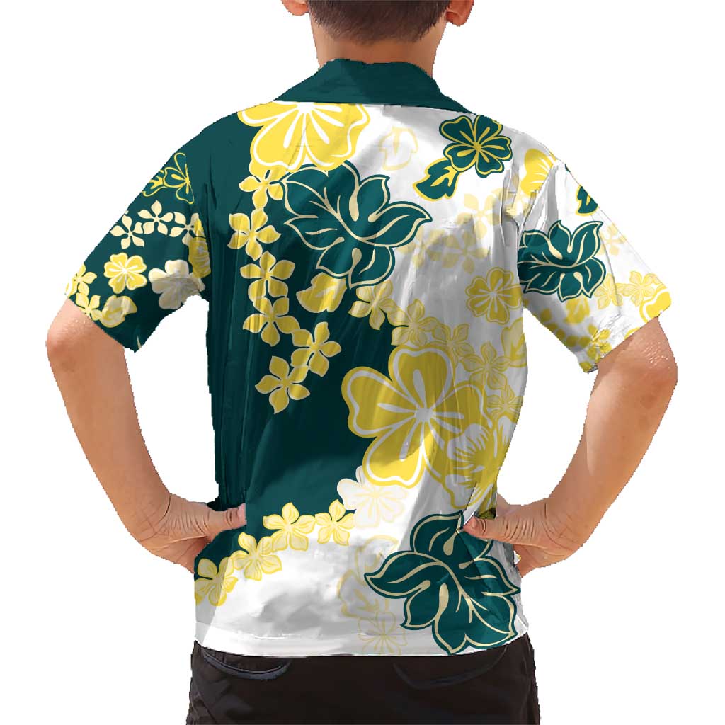 Yelow Teal Hibiscus Plumeria Floral Family Matching Short Sleeve Bodycon Dress and Hawaiian Shirt LT01 - Polynesian Pride