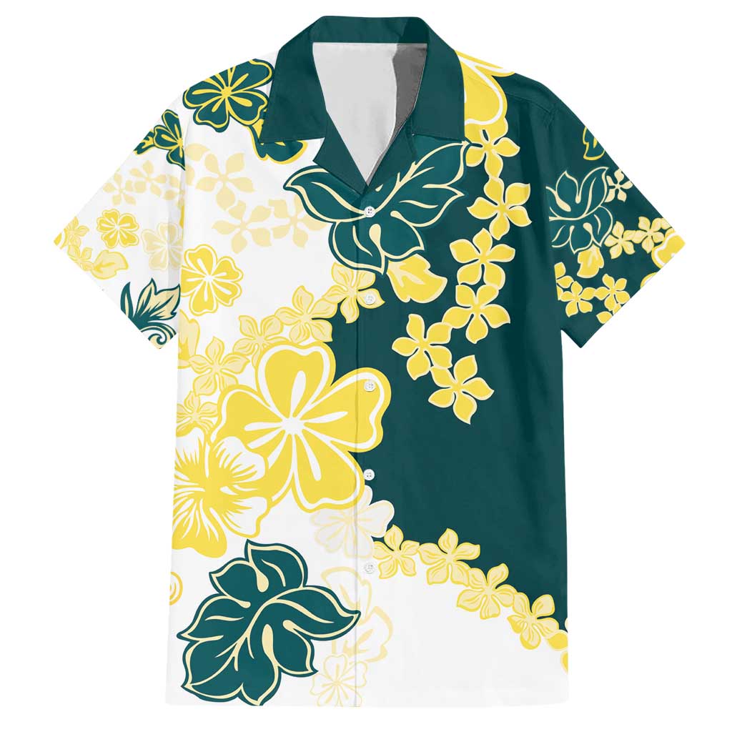 Yelow Teal Hibiscus Plumeria Floral Family Matching Short Sleeve Bodycon Dress and Hawaiian Shirt LT01 Dad's Shirt - Short Sleeve Yellow - Polynesian Pride