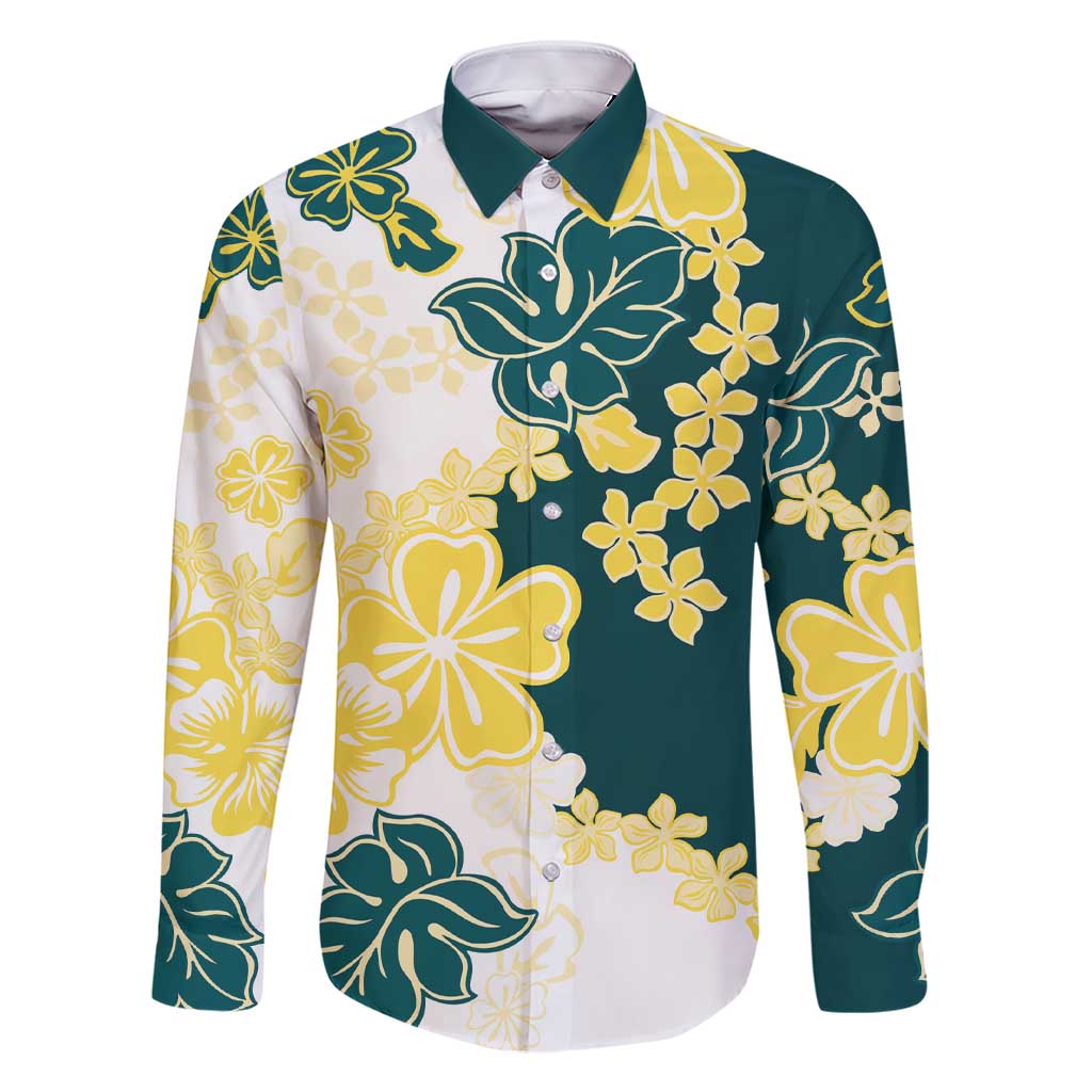 Yelow Teal Hibiscus Plumeria Floral Family Matching Short Sleeve Bodycon Dress and Hawaiian Shirt LT01 Dad's Shirt - Long Sleeve Yellow - Polynesian Pride
