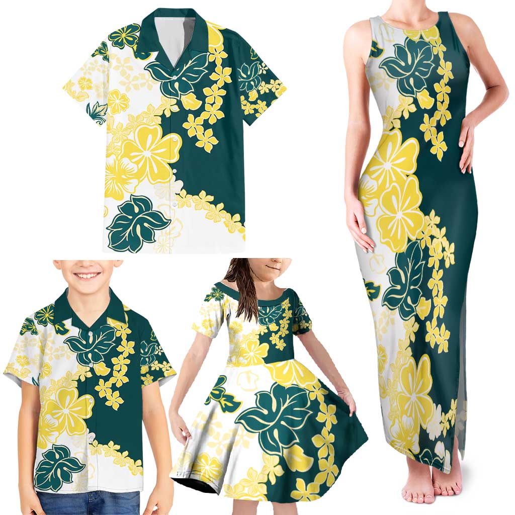 Yelow Teal Hibiscus Plumeria Floral Family Matching Tank Maxi Dress and Hawaiian Shirt - Polynesian Pride