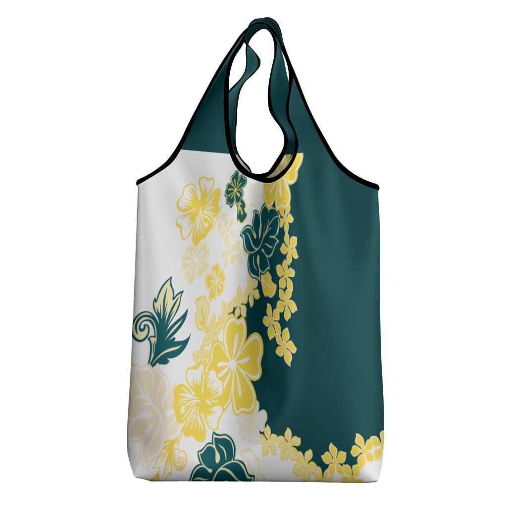 Yelow Teal Hibiscus Plumeria Floral Grocery Bag - Polynesian Pride