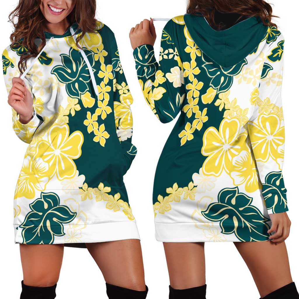 Yelow Teal Hibiscus Plumeria Floral Hoodie Dress LT01 - Polynesian Pride