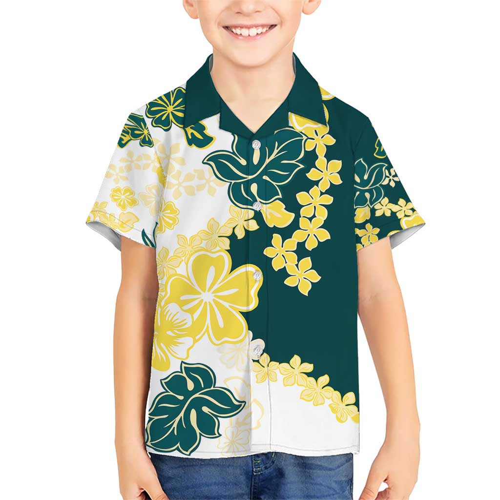Yelow Teal Hibiscus Plumeria Floral Kid Hawaiian Shirt LT01 Kid Yellow - Polynesian Pride