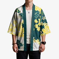 Yelow Teal Hibiscus Plumeria Floral Kimono - Polynesian Pride