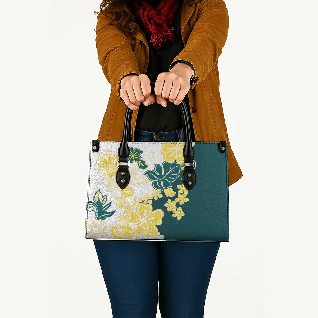 Yelow Teal Hibiscus Plumeria Floral Leather Bag - Polynesian Pride