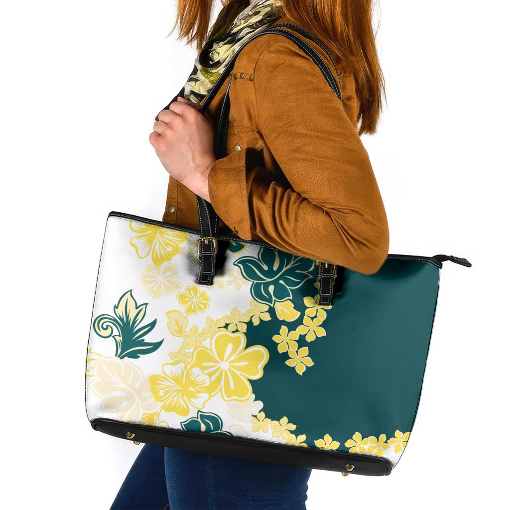 Yelow Teal Hibiscus Plumeria Floral Leather Tote Bag LT01 Yellow - Polynesian Pride