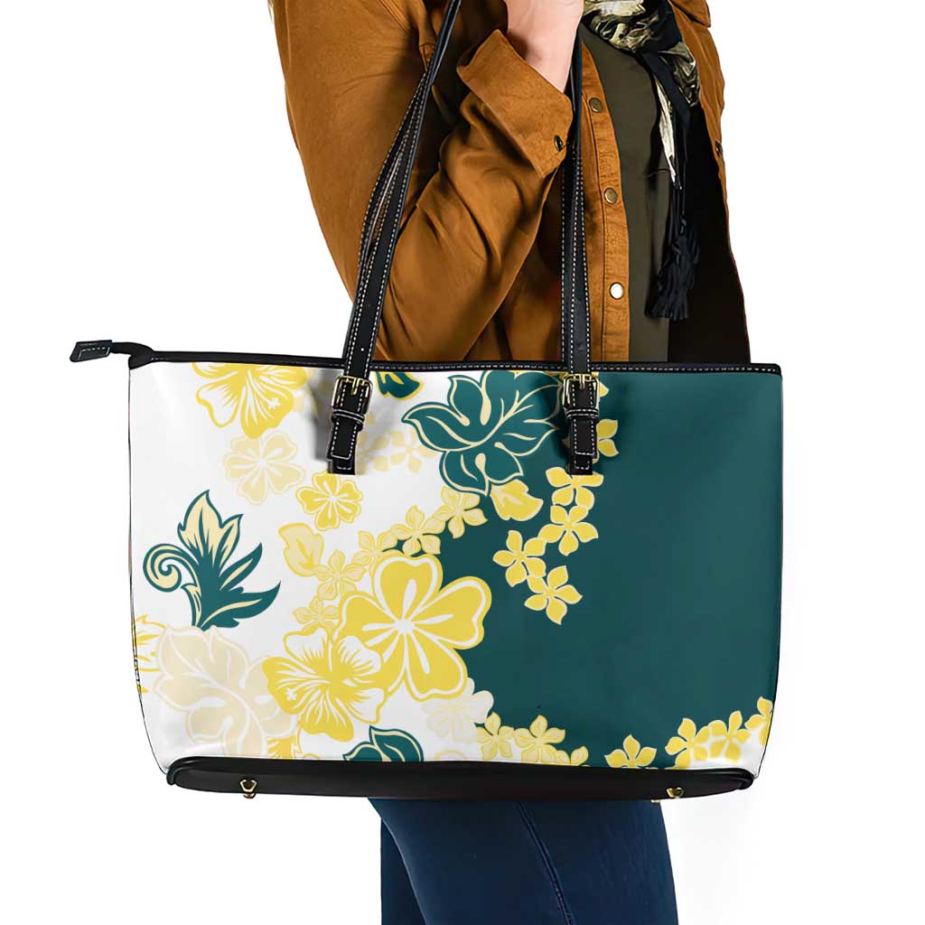 Yelow Teal Hibiscus Plumeria Floral Leather Tote Bag LT01 - Polynesian Pride