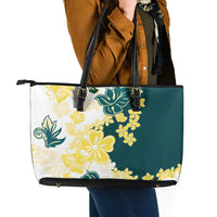 Yelow Teal Hibiscus Plumeria Floral Leather Tote Bag LT01 - Polynesian Pride