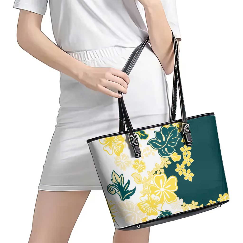 Yelow Teal Hibiscus Plumeria Floral Leather Tote Bag LT01 - Polynesian Pride