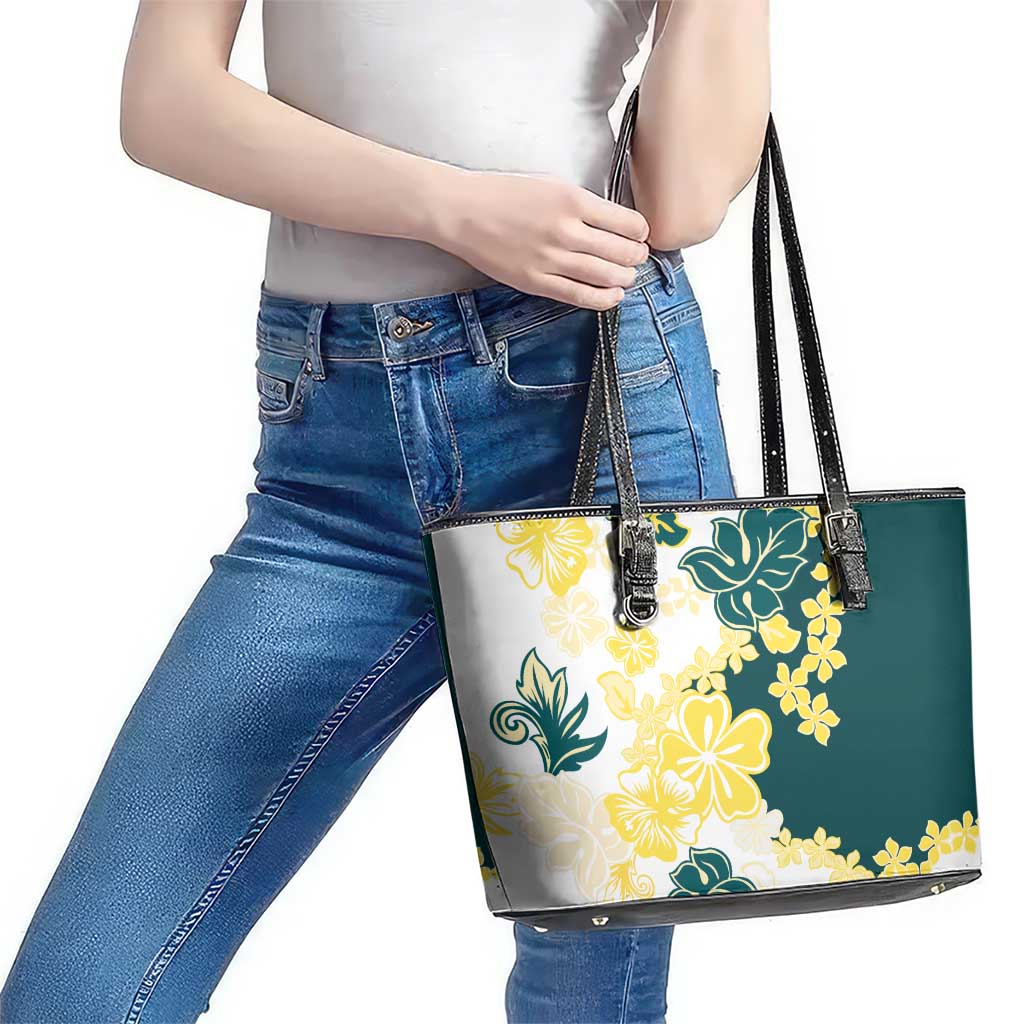 Yelow Teal Hibiscus Plumeria Floral Leather Tote Bag LT01 - Polynesian Pride