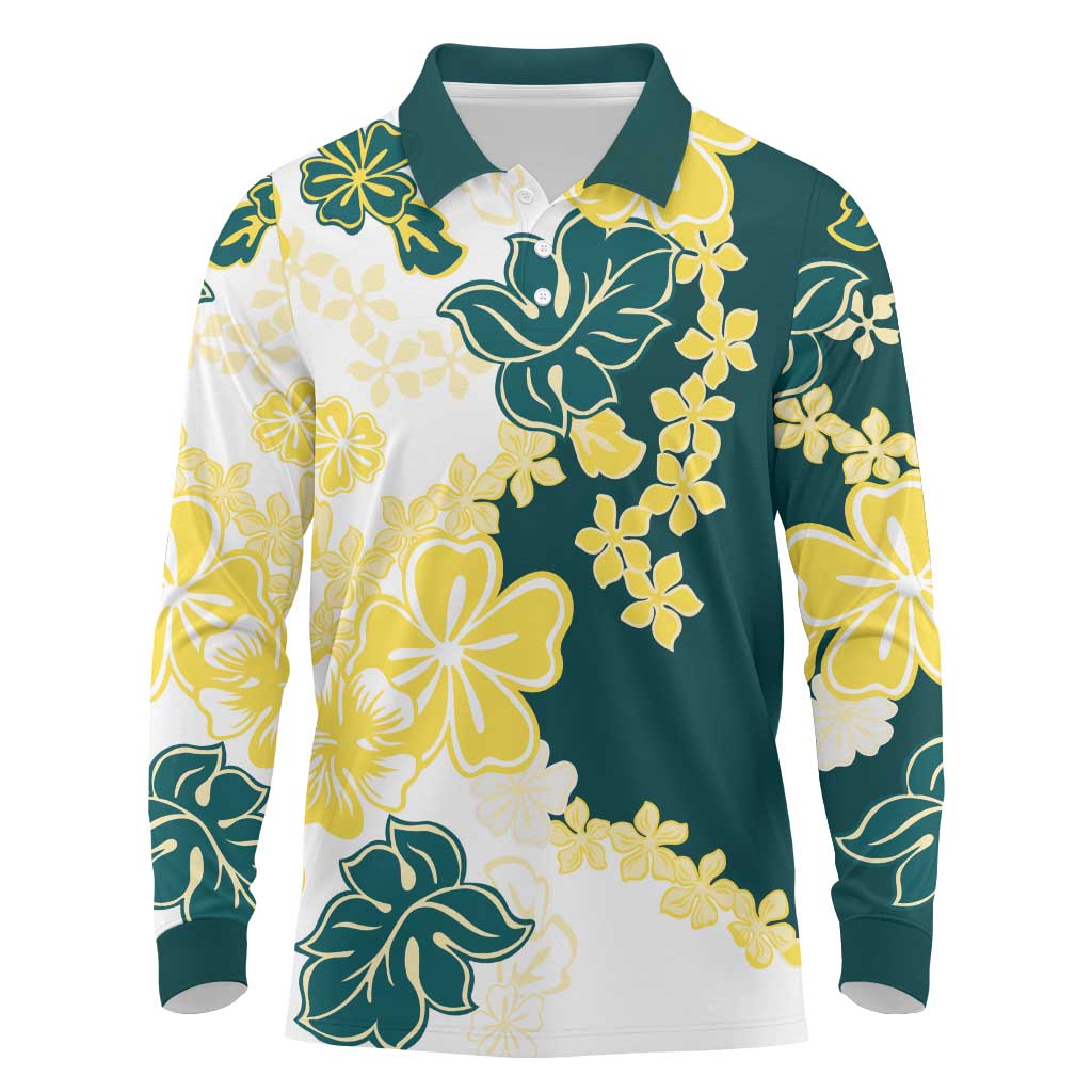 Yelow Teal Hibiscus Plumeria Floral Long Sleeve Polo Shirt - Polynesian Pride
