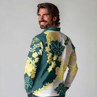 Yelow Teal Hibiscus Plumeria Floral Long Sleeve Polo Shirt LT01 - Polynesian Pride