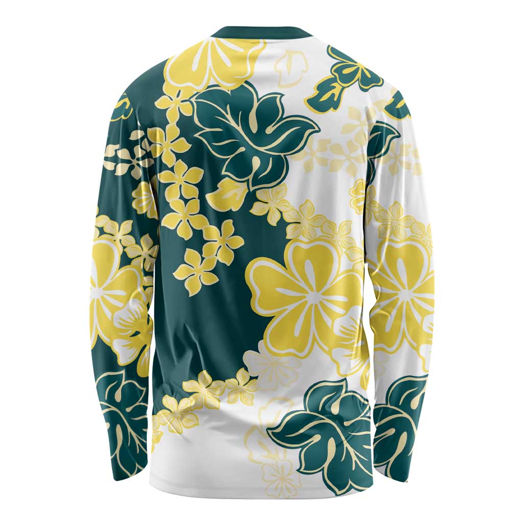 Yelow Teal Hibiscus Plumeria Floral Long Sleeve Shirt LT01 - Polynesian Pride
