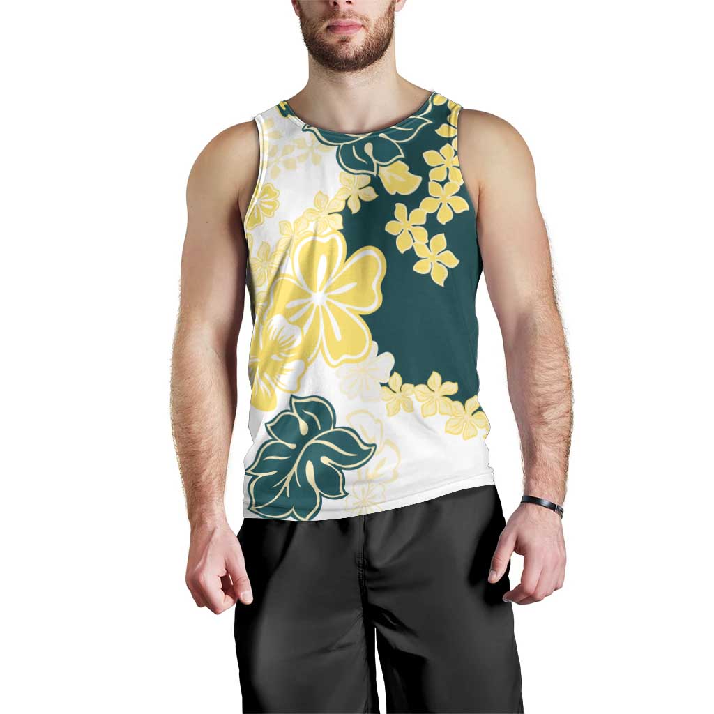 Yelow Teal Hibiscus Plumeria Floral Men Tank Top - Polynesian Pride
