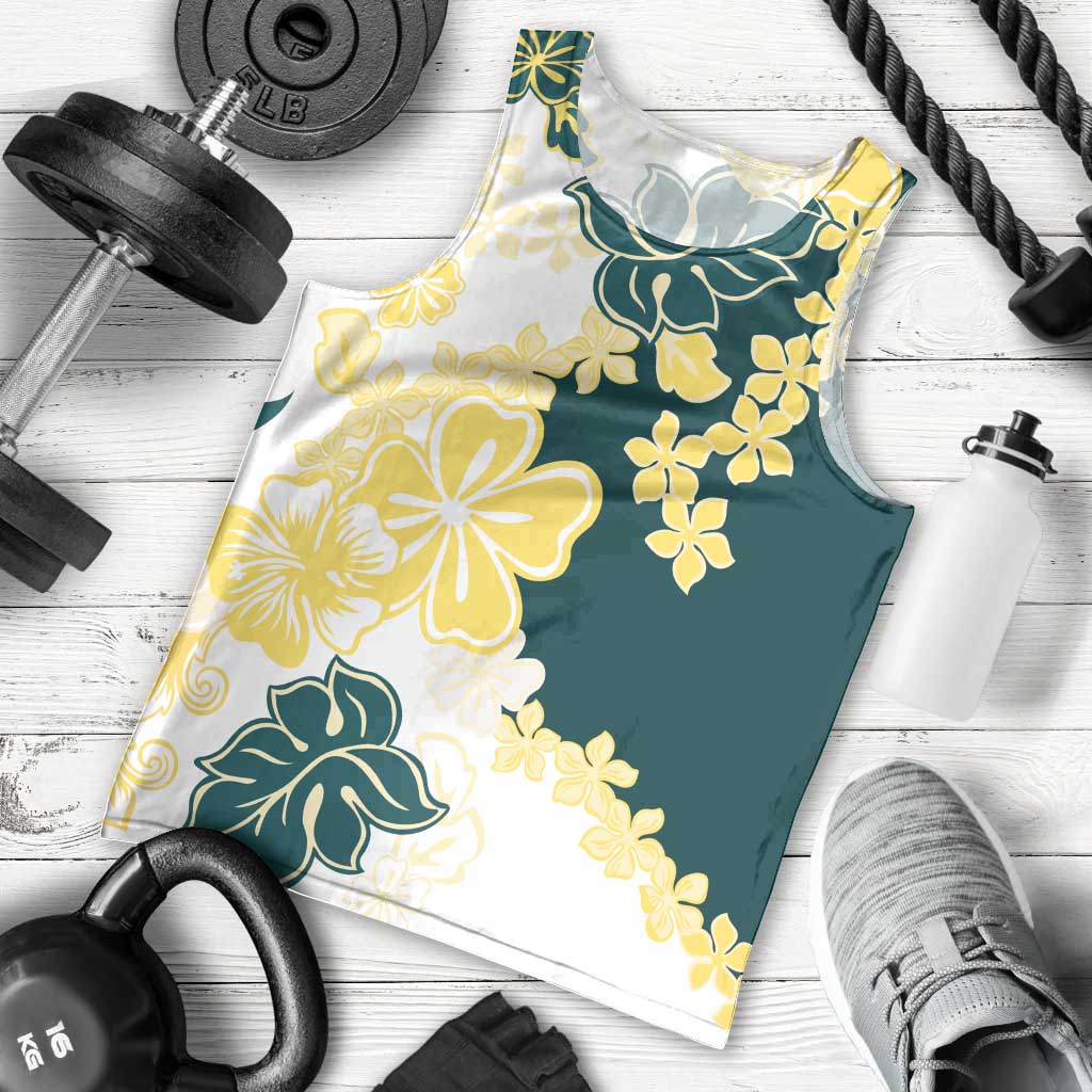 Yelow Teal Hibiscus Plumeria Floral Men Tank Top - Polynesian Pride