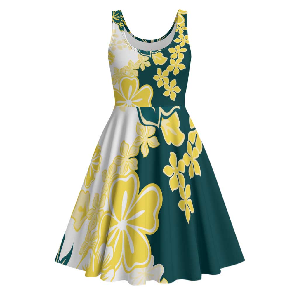 Yelow Teal Hibiscus Plumeria Floral Midi Dress - Polynesian Pride