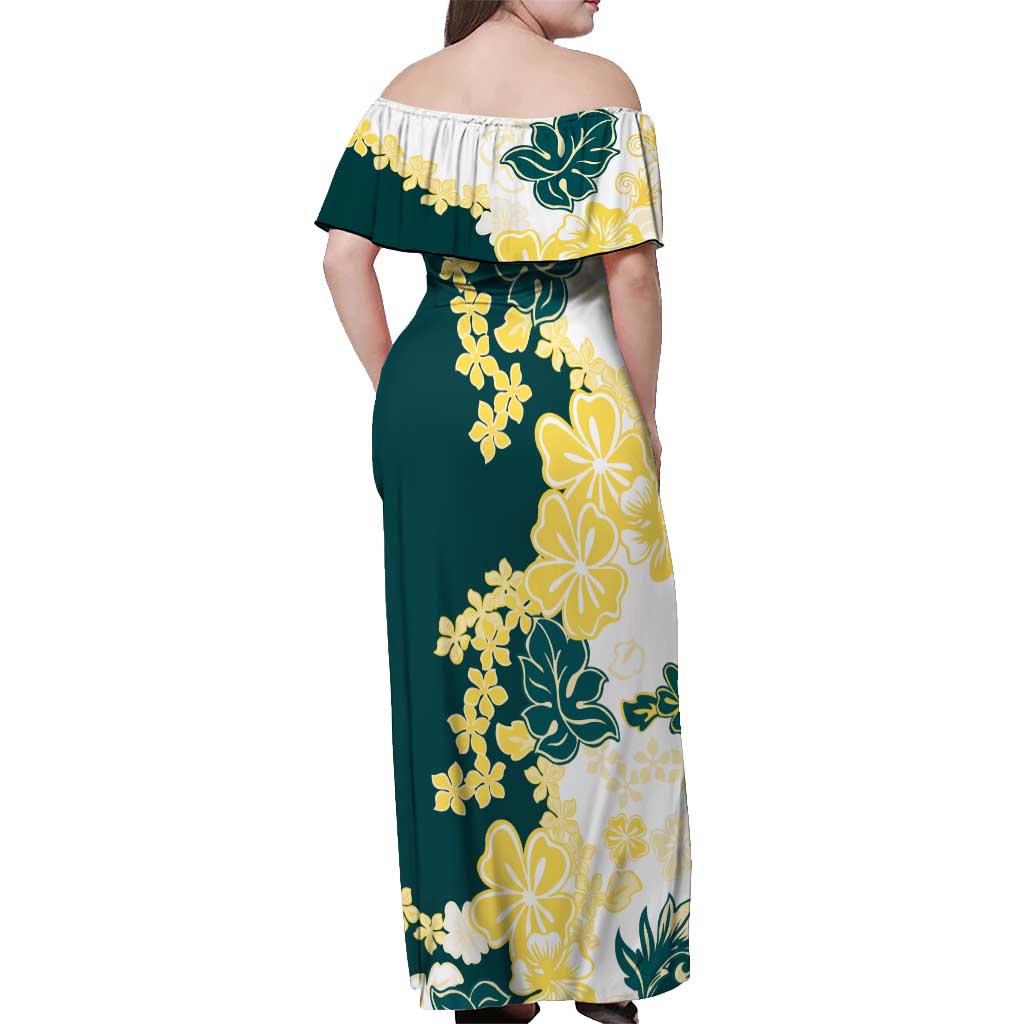 Yelow Teal Hibiscus Plumeria Floral Off Shoulder Maxi Dress - Polynesian Pride