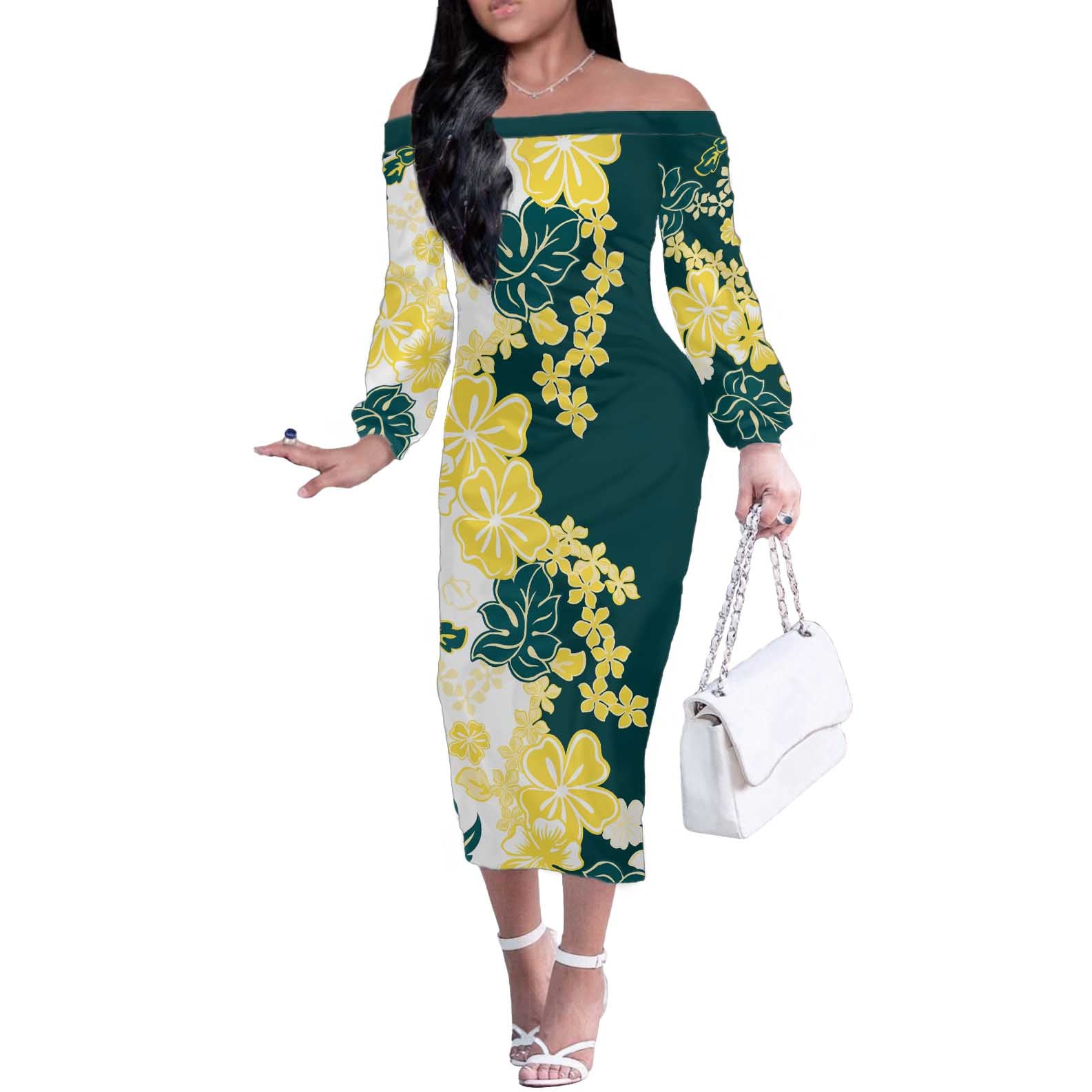 Yelow Teal Hibiscus Plumeria Floral Off The Shoulder Long Sleeve Dress - Polynesian Pride