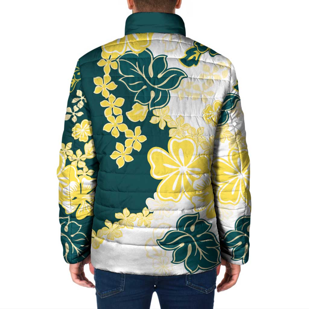 Yelow Teal Hibiscus Plumeria Floral Padded Jacket LT01 - Polynesian Pride