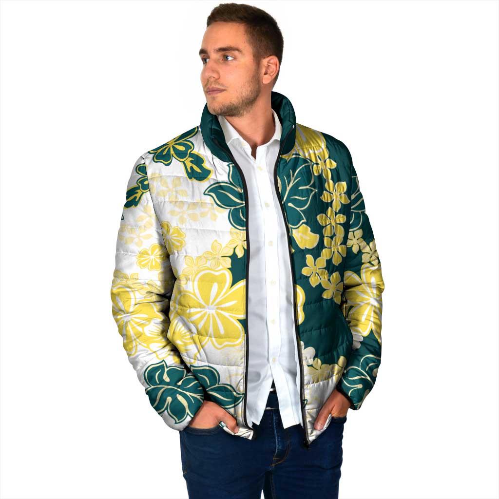 Yelow Teal Hibiscus Plumeria Floral Padded Jacket LT01 - Polynesian Pride