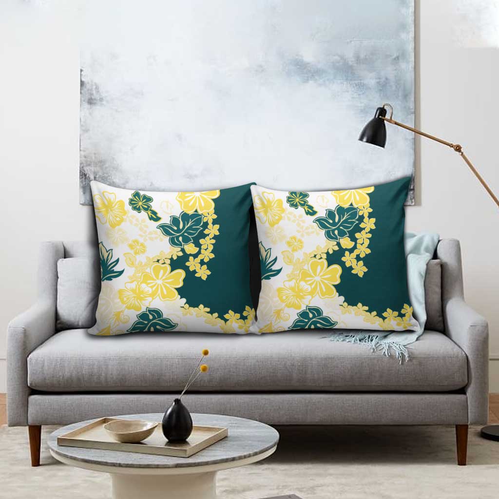 Yelow Teal Hibiscus Plumeria Floral Pillow Cover - Polynesian Pride
