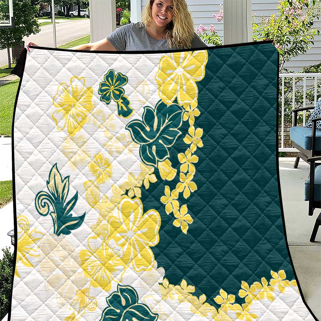 Yelow Teal Hibiscus Plumeria Floral Quilt LT01 Yellow - Polynesian Pride