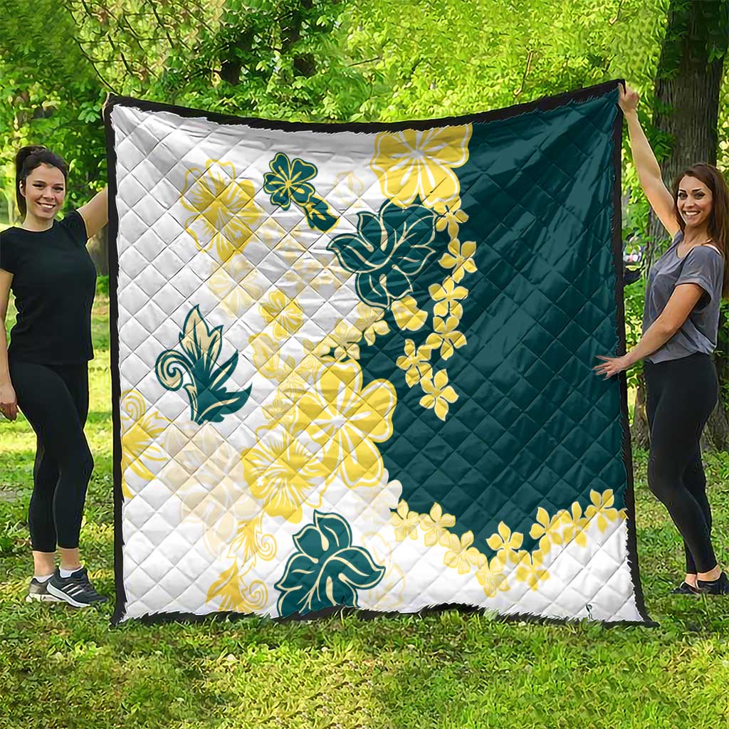 Yelow Teal Hibiscus Plumeria Floral Quilt - Polynesian Pride