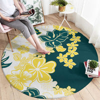 Yelow Teal Hibiscus Plumeria Floral Round Carpet - Polynesian Pride