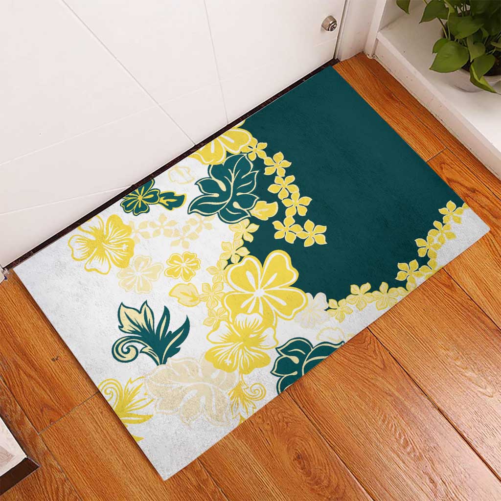 Yelow Teal Hibiscus Plumeria Floral Rubber Doormat - Polynesian Pride