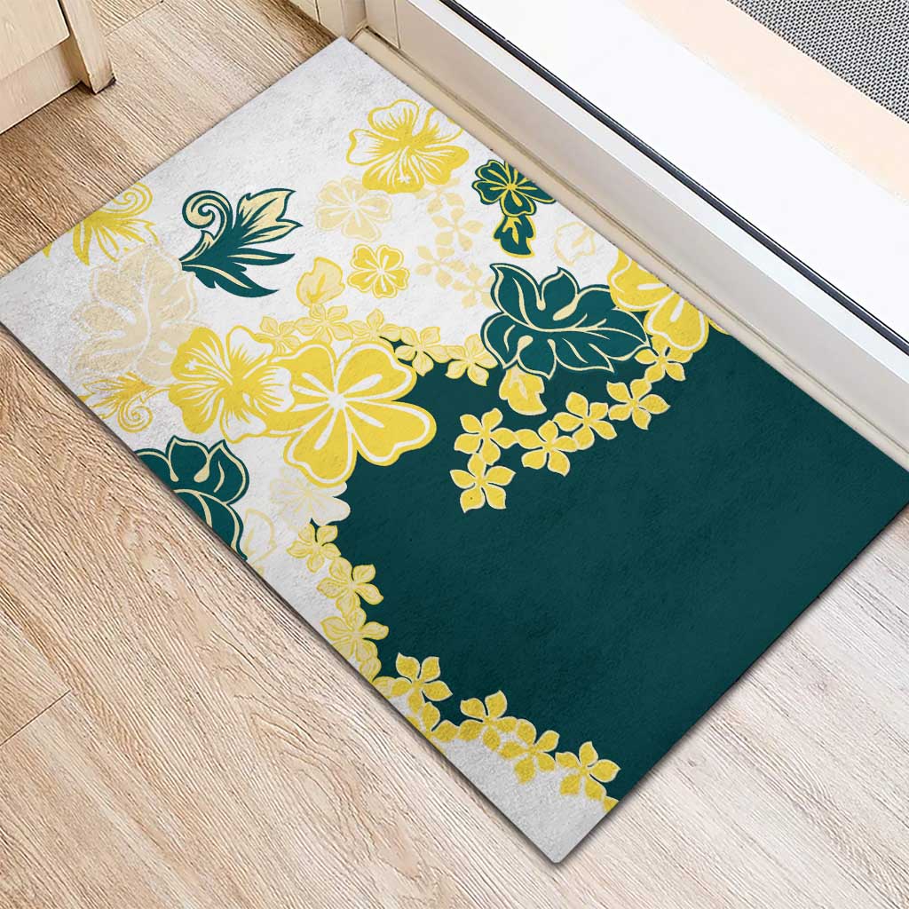 Yelow Teal Hibiscus Plumeria Floral Rubber Doormat - Polynesian Pride