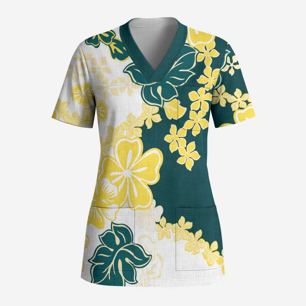 Yelow Teal Hibiscus Plumeria Floral Scrub Top LT01 Adult Yellow - Polynesian Pride