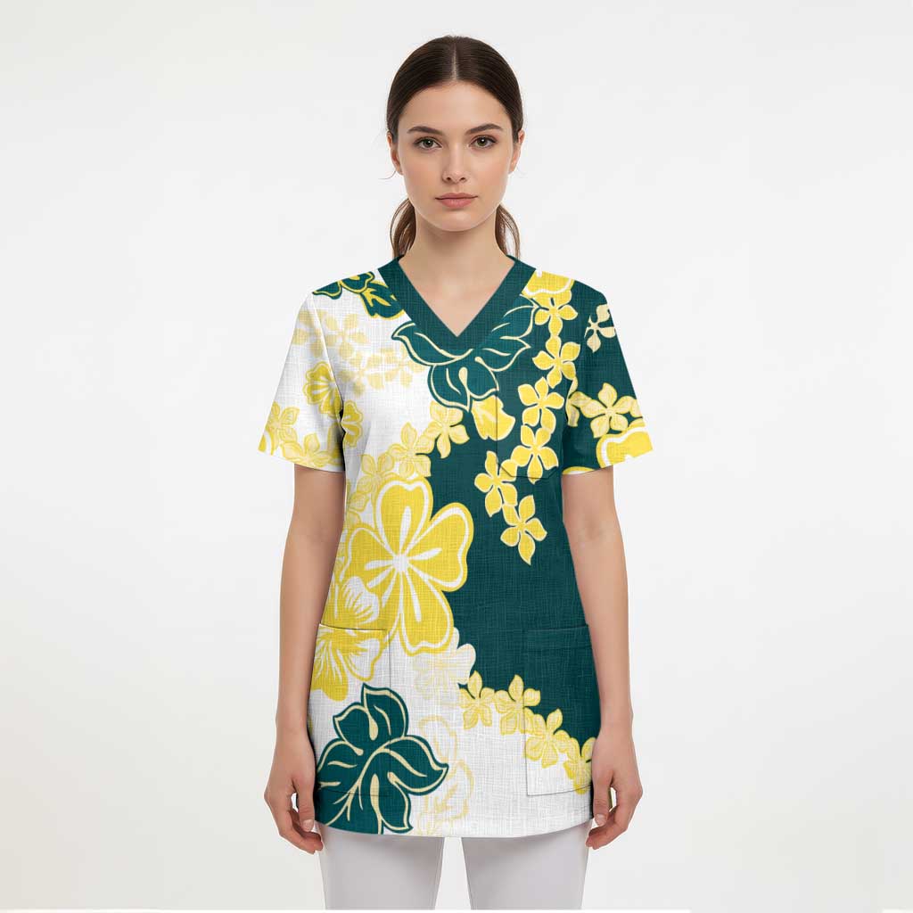 Yelow Teal Hibiscus Plumeria Floral Scrub Top - Polynesian Pride