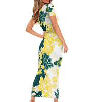 Yelow Teal Hibiscus Plumeria Floral Short Sleeve Bodycon Dress - Polynesian Pride