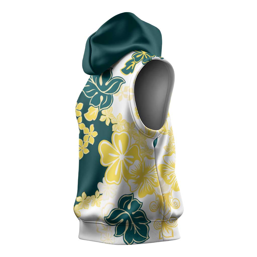 Yelow Teal Hibiscus Plumeria Floral Sleeveless Hoodie LT01 - Polynesian Pride