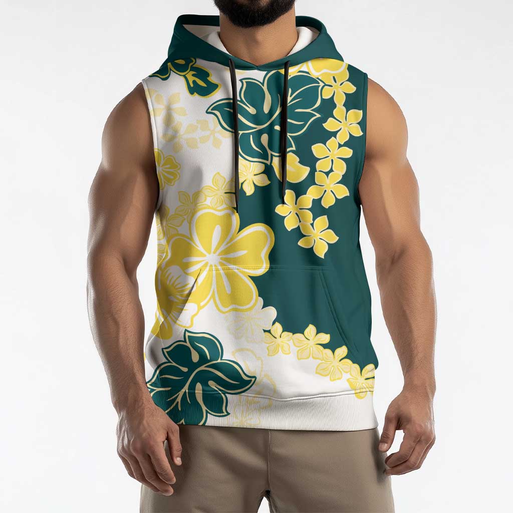 Yelow Teal Hibiscus Plumeria Floral Sleeveless Hoodie LT01 - Polynesian Pride