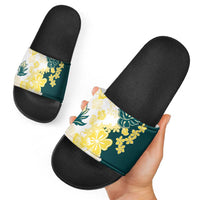 Yelow Teal Hibiscus Plumeria Floral Slide Sandals - Polynesian Pride