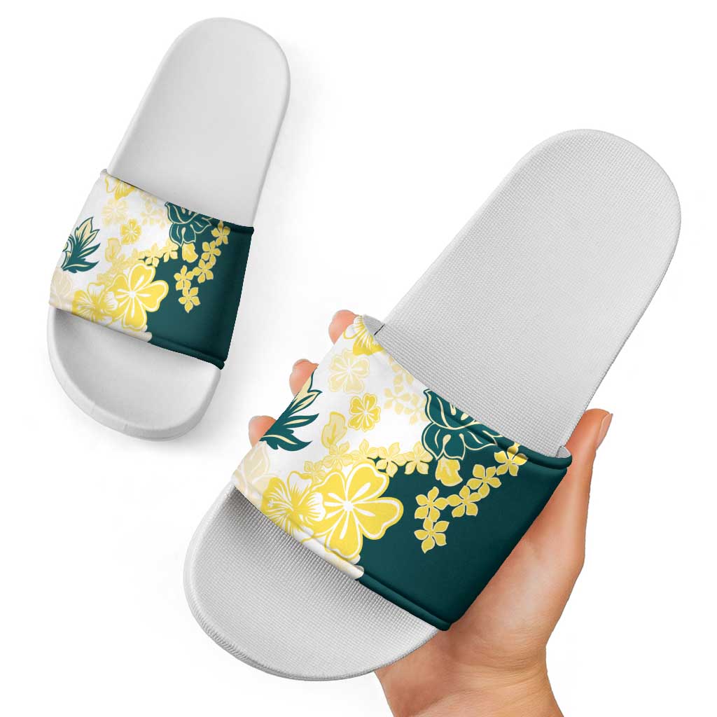 Yelow Teal Hibiscus Plumeria Floral Slide Sandals - Polynesian Pride