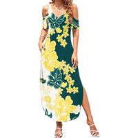 Yelow Teal Hibiscus Plumeria Floral Summer Maxi Dress - Polynesian Pride