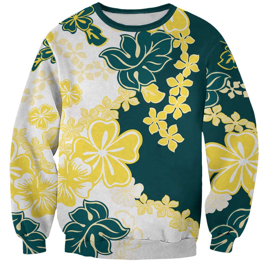 Yelow Teal Hibiscus Plumeria Floral Sweatshirt - Polynesian Pride