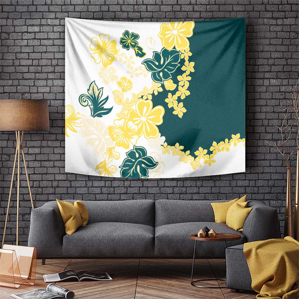 Yelow Teal Hibiscus Plumeria Floral Tapestry LT01 Yellow - Polynesian Pride