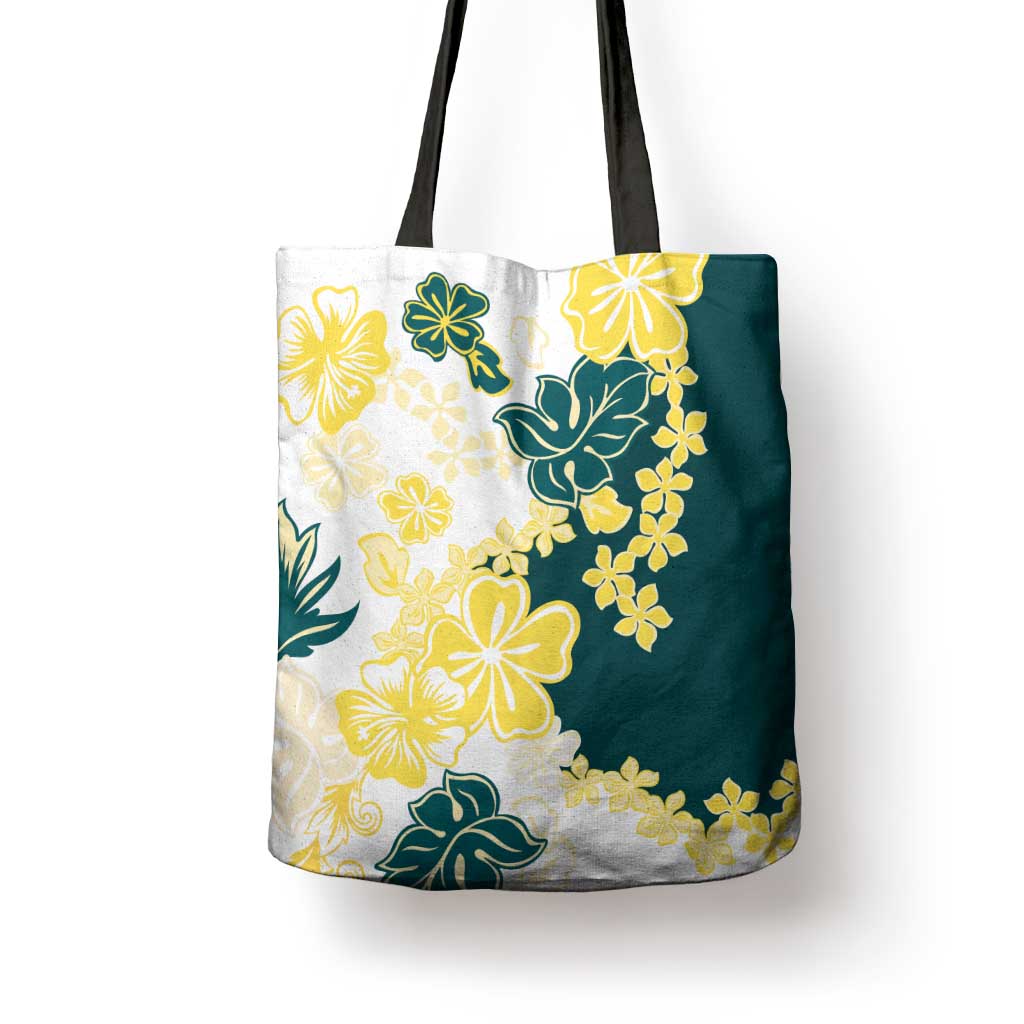 Yelow Teal Hibiscus Plumeria Floral Tote Bag - Polynesian Pride