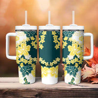 Yelow Teal Hibiscus Plumeria Floral Tumbler With Handle - Polynesian Pride