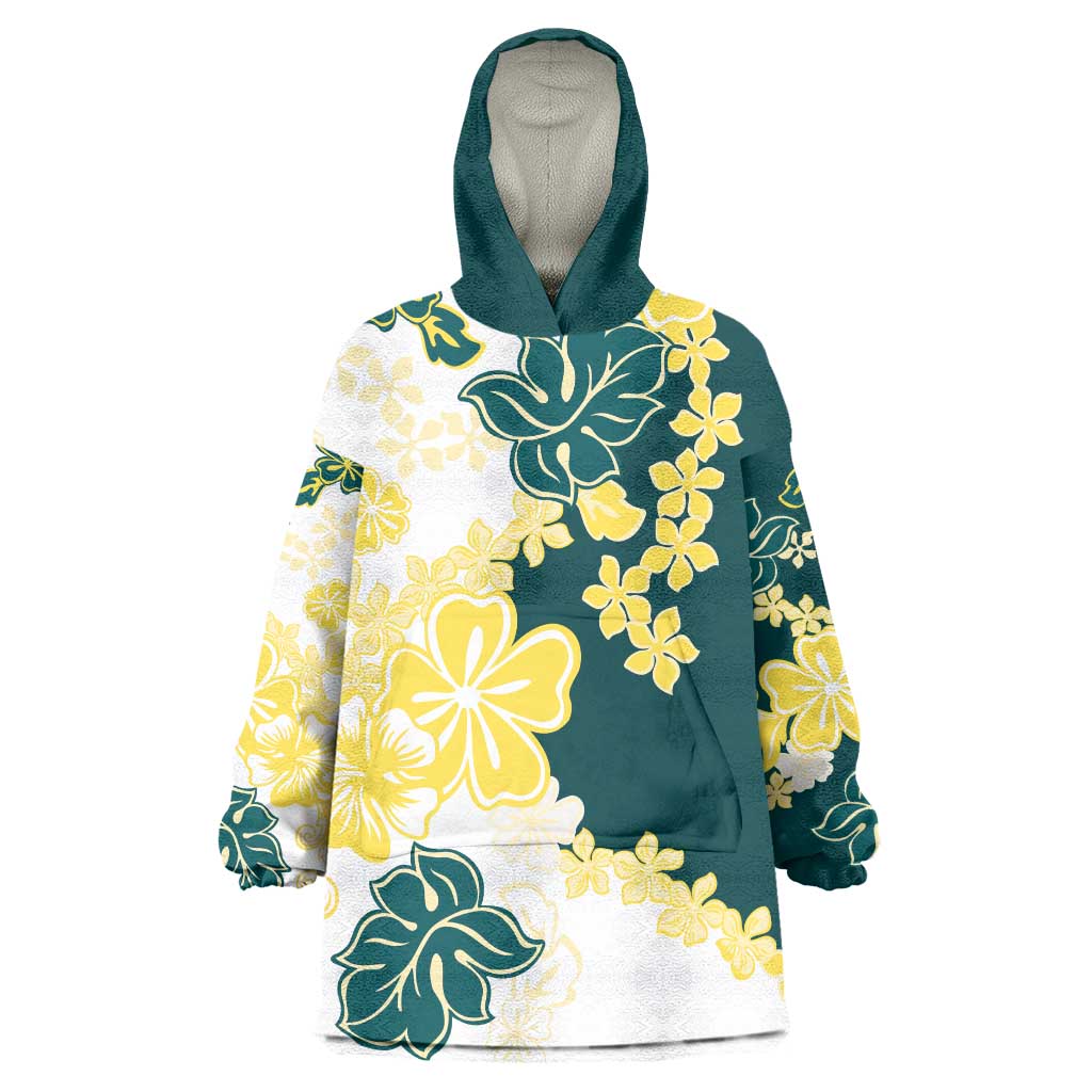 Yelow Teal Hibiscus Plumeria Floral Wearable Blanket Hoodie LT01 One Size Yellow - Polynesian Pride