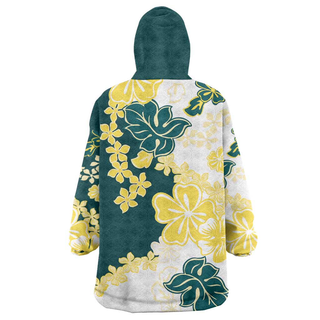 Yelow Teal Hibiscus Plumeria Floral Wearable Blanket Hoodie LT01 - Polynesian Pride