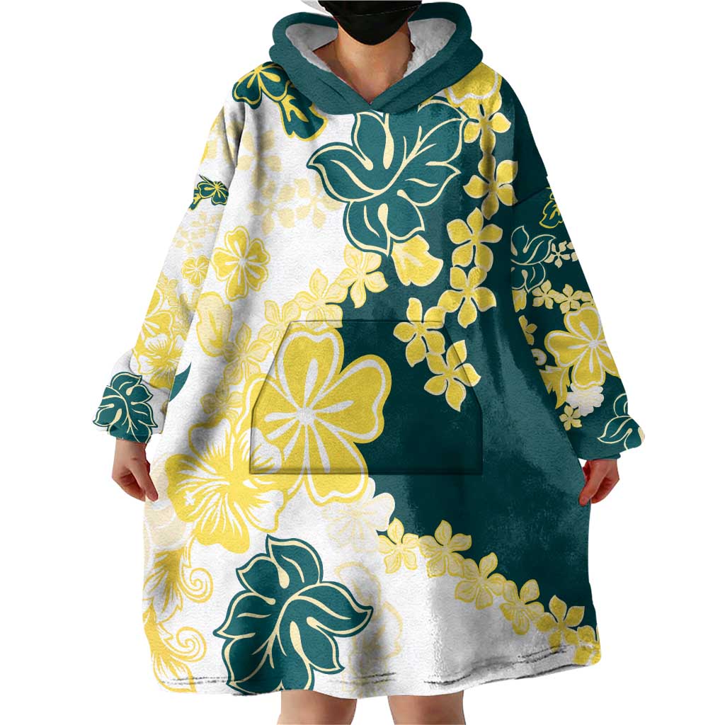Yelow Teal Hibiscus Plumeria Floral Wearable Blanket Hoodie LT01 - Polynesian Pride